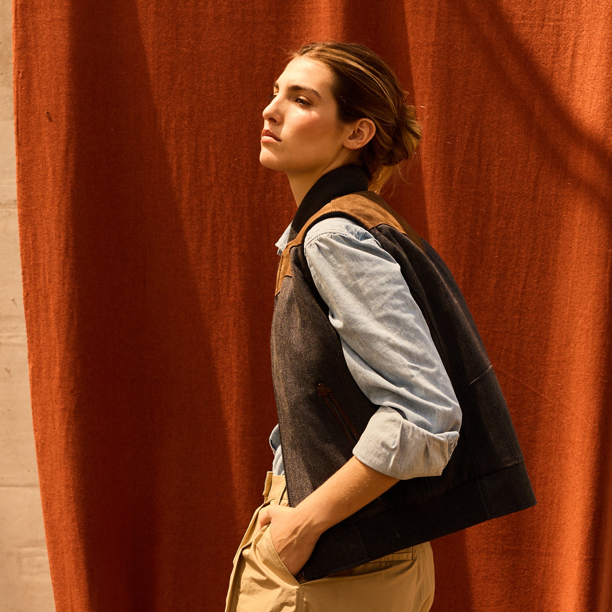 BOMBER VEST - Blue Herringbone
