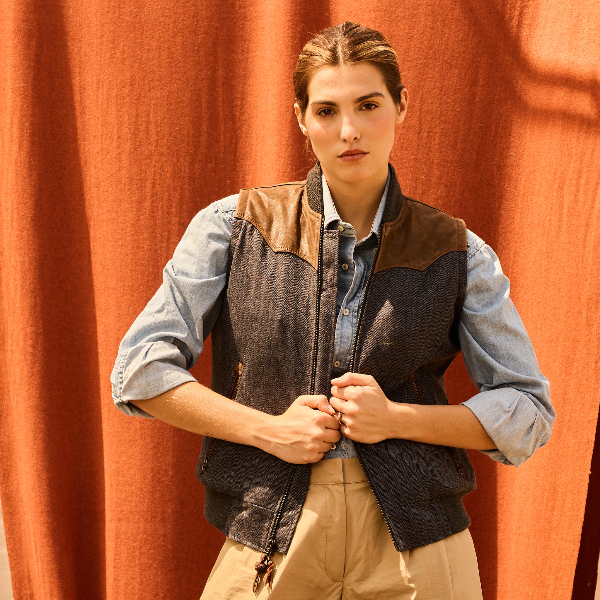 BOMBER VEST - Blue Herringbone