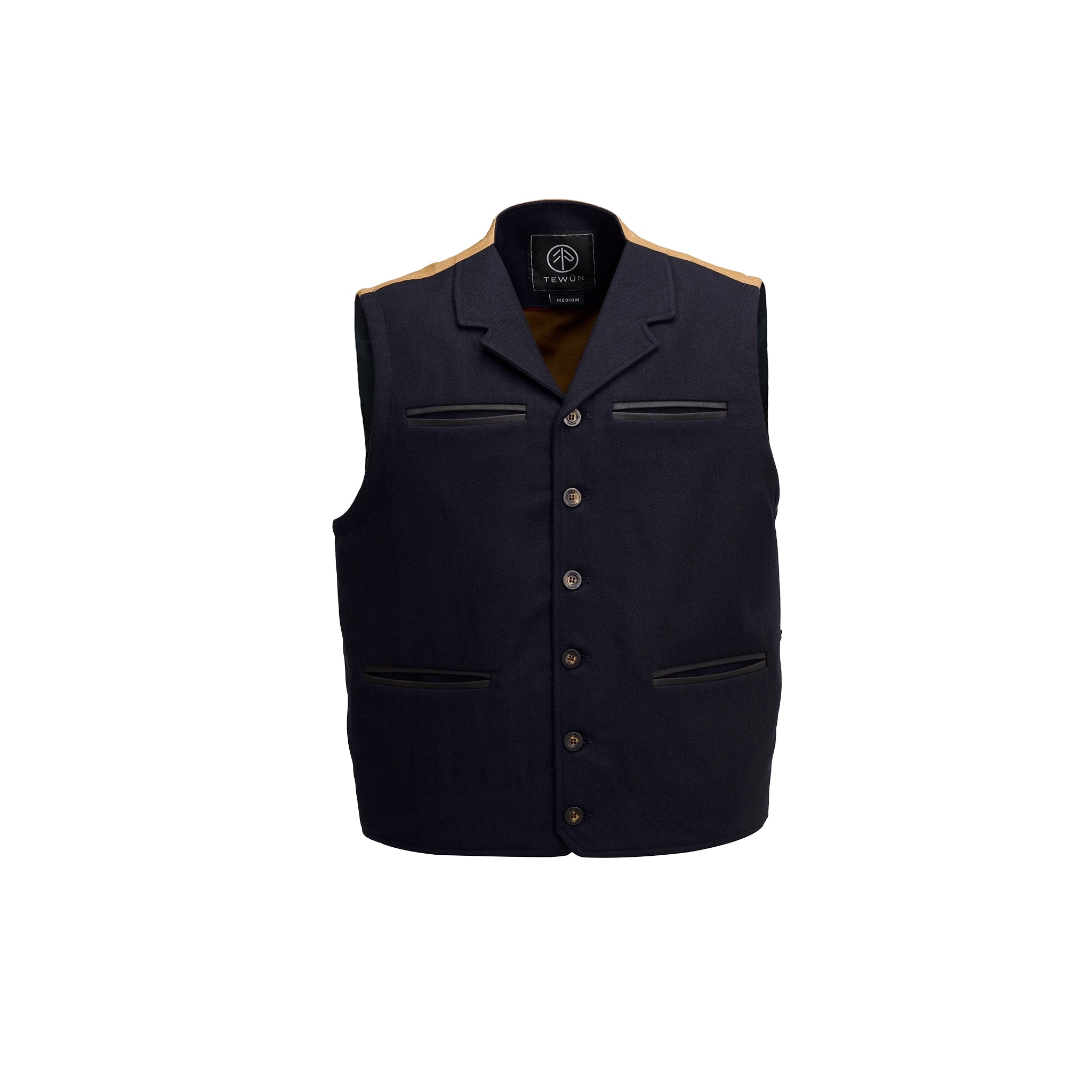 Patron Vest Navy — wool front and cowhide leather — Tewün Patagonia