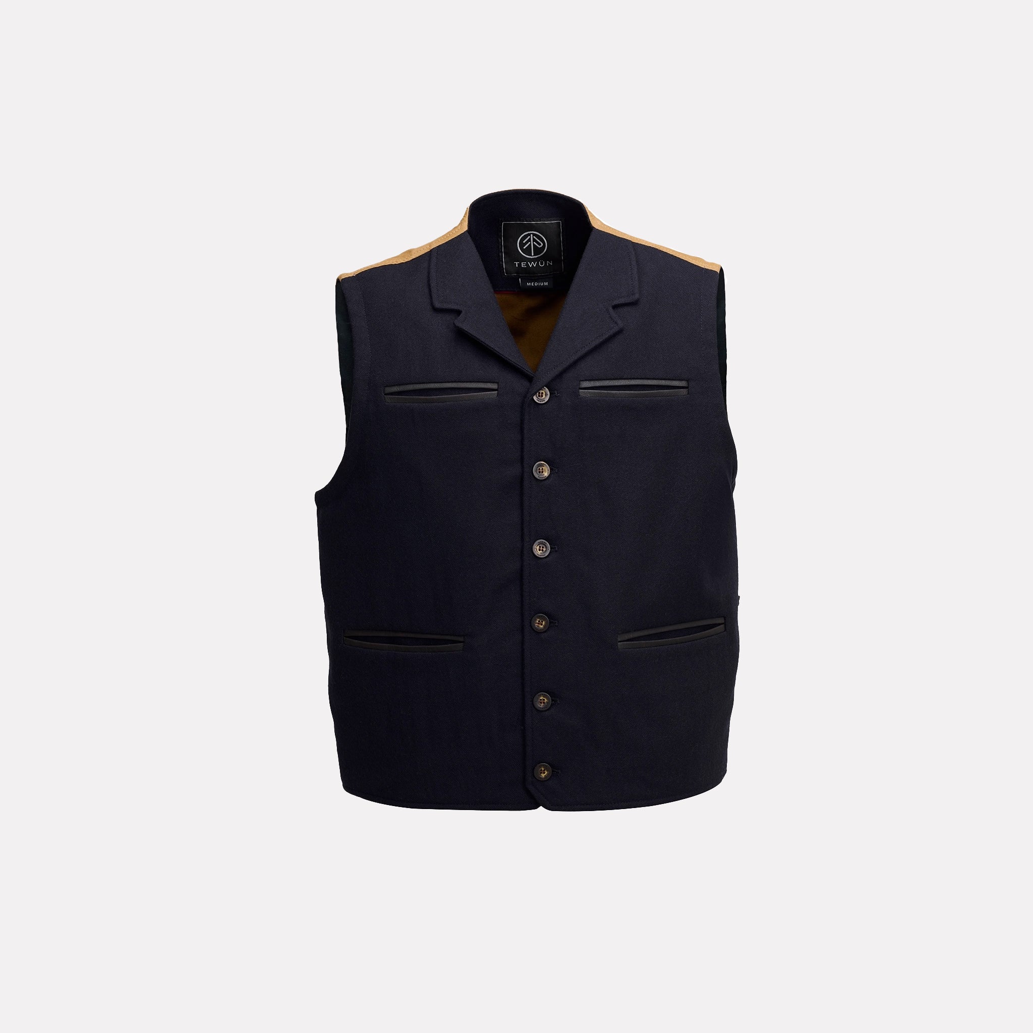 Patron Vest Navy — wool front and cowhide leather — Tewün Patagonia