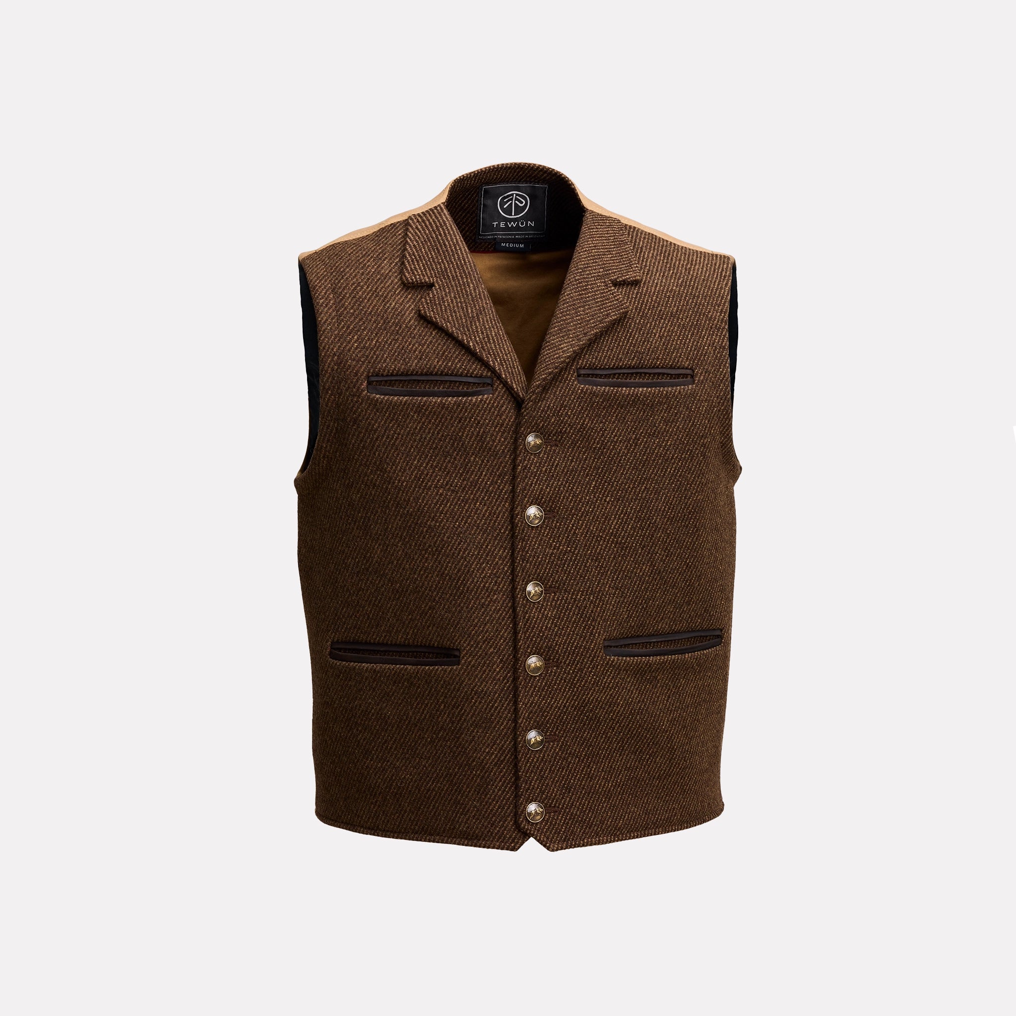 Patron Vest Bison Sarga — wool twill woven on antique looms — Tewün Patagonia