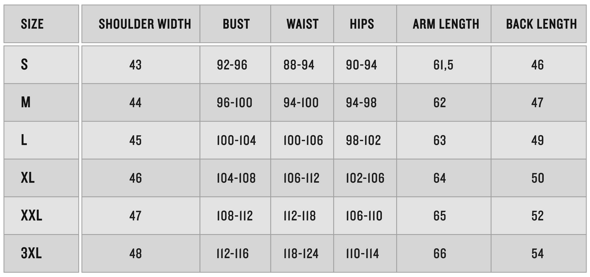 Size guide in centimeters