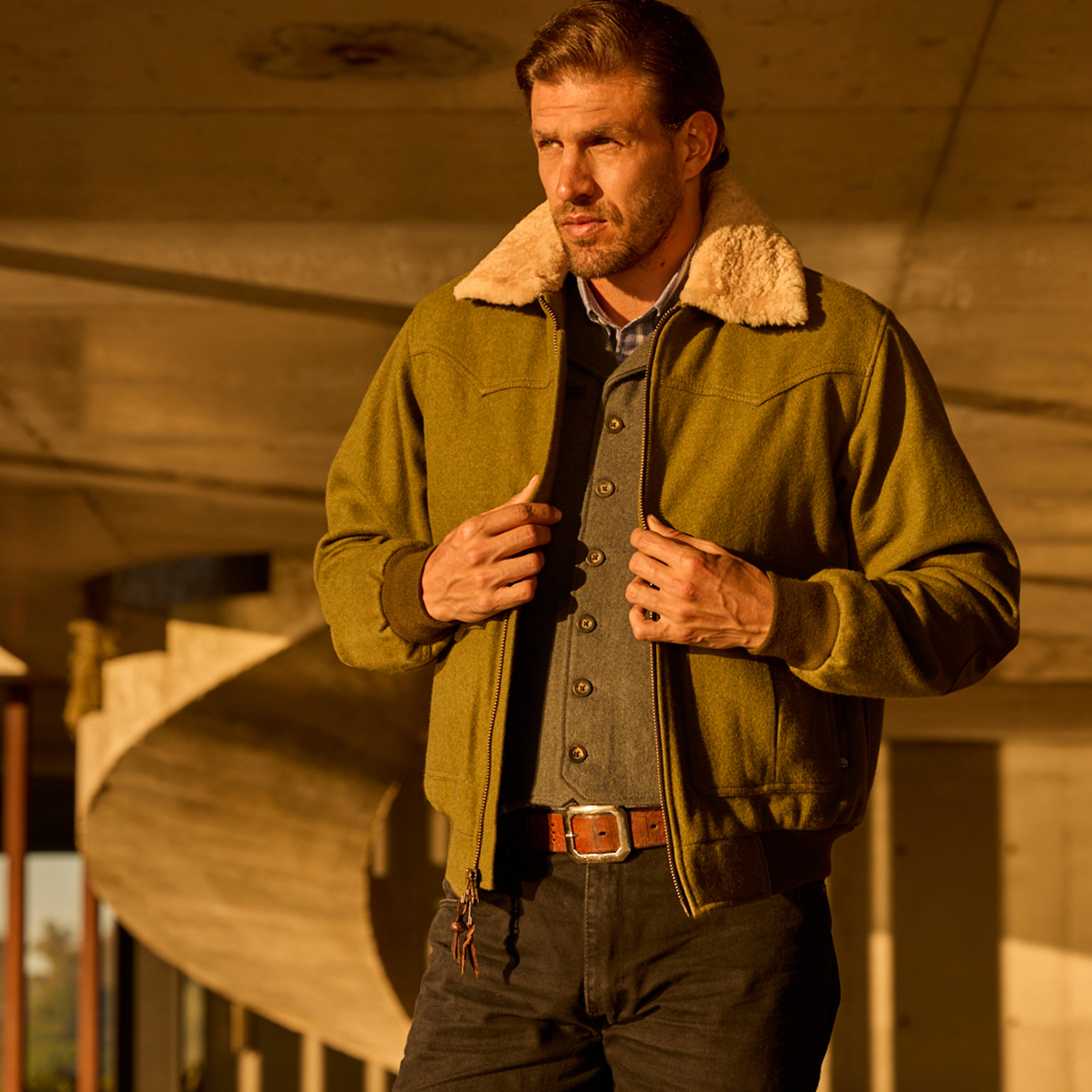 BOMBER LAMB COLLAR JACKET - Green Tewün