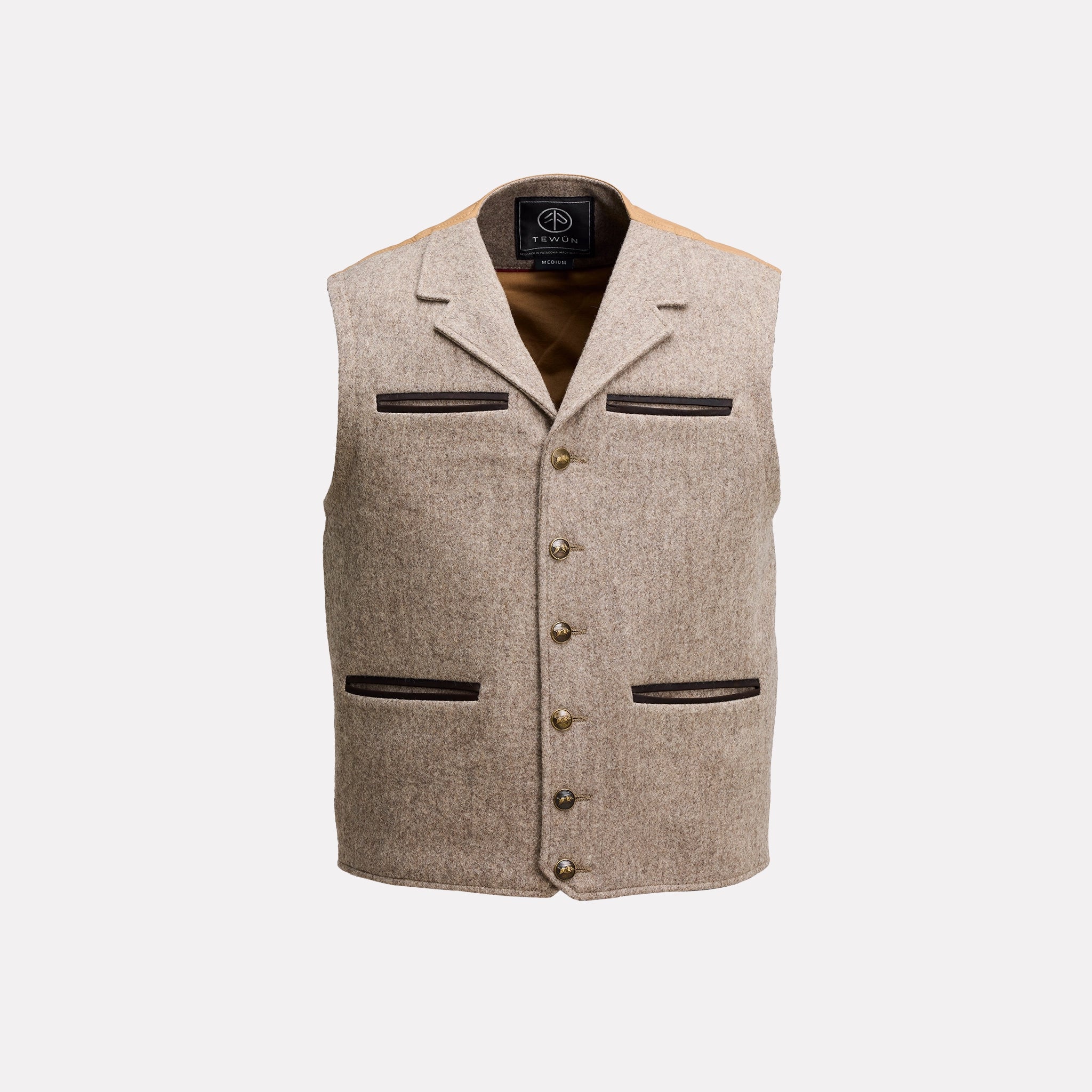 Patron Vest Ripio Merino — Patagonian merino wool and cowhide leather — Tewün Patagonia