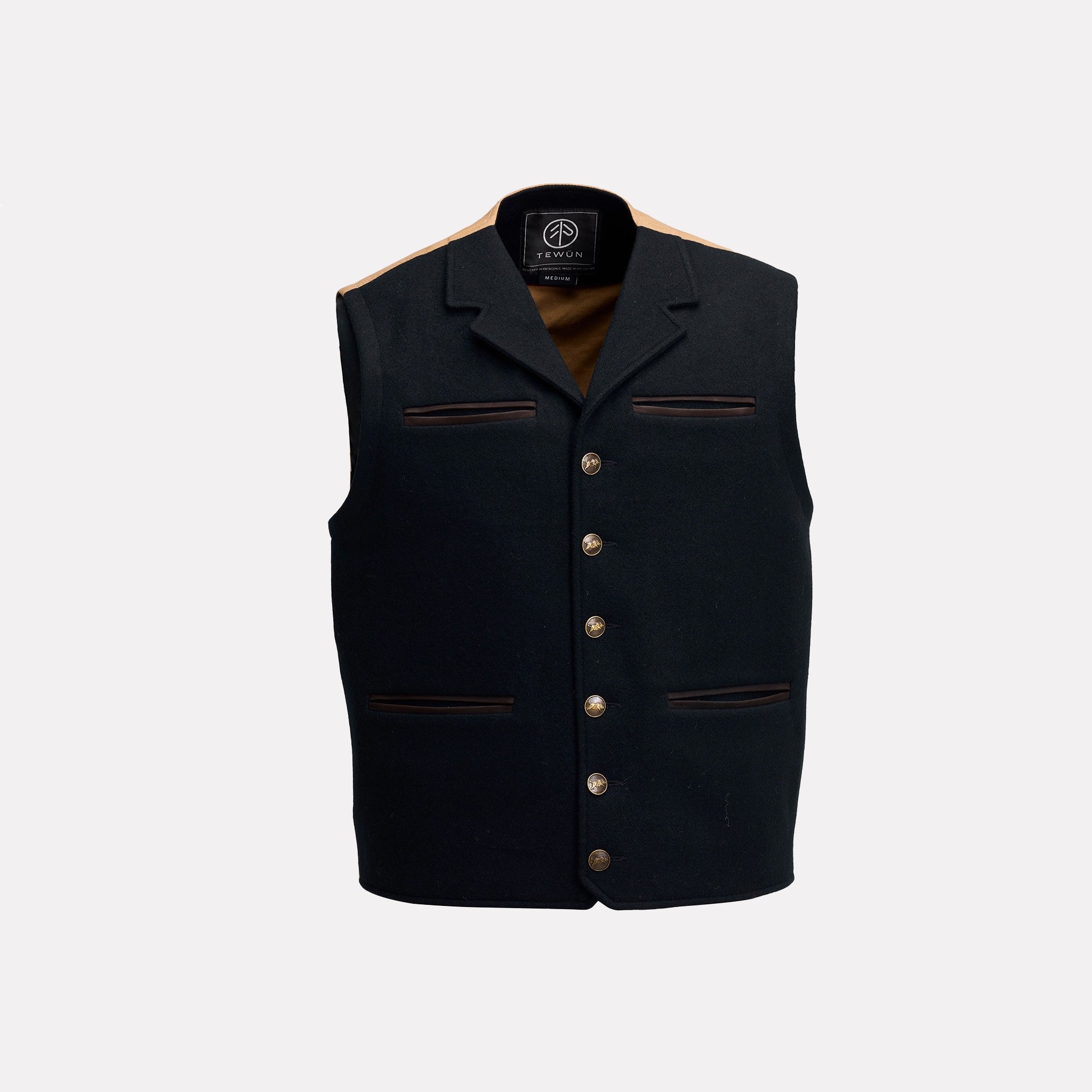 Patron Vest Navy Merino — Patagonian merino wool and cowhide leather — Tewün Patagonia